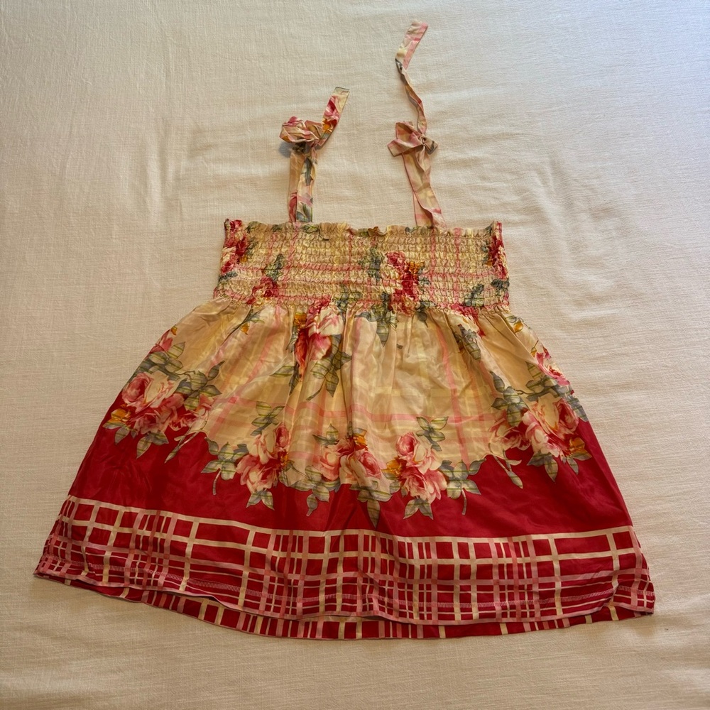 Johnny Was Cream and Red Smocked Tie Front Tank Top - Picture 8 of 8